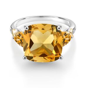 Gem Stone King 925 Silver and 10K Yellow Yellow Citrine and Diamond Ring For Women (7.33 Cttw, 12MM Cushion and 5mm Trillion, Gemstone Birthstone, Available In Size 5, 6, 7, 8, 9)