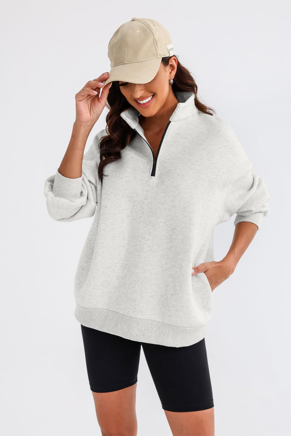 BLENCOT Women Half Zip Oversized Sweatshirts Long Sleeve Solid Color Drop Shoulder Fleece Workout Pullover Gray L