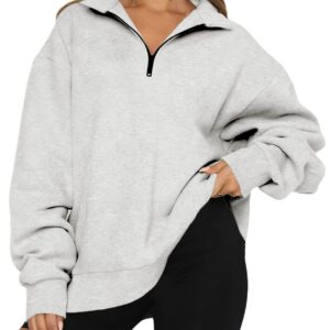 BLENCOT Women Half Zip Oversized Sweatshirts Long Sleeve Solid Color Drop Shoulder Fleece Workout Pullover Gray L