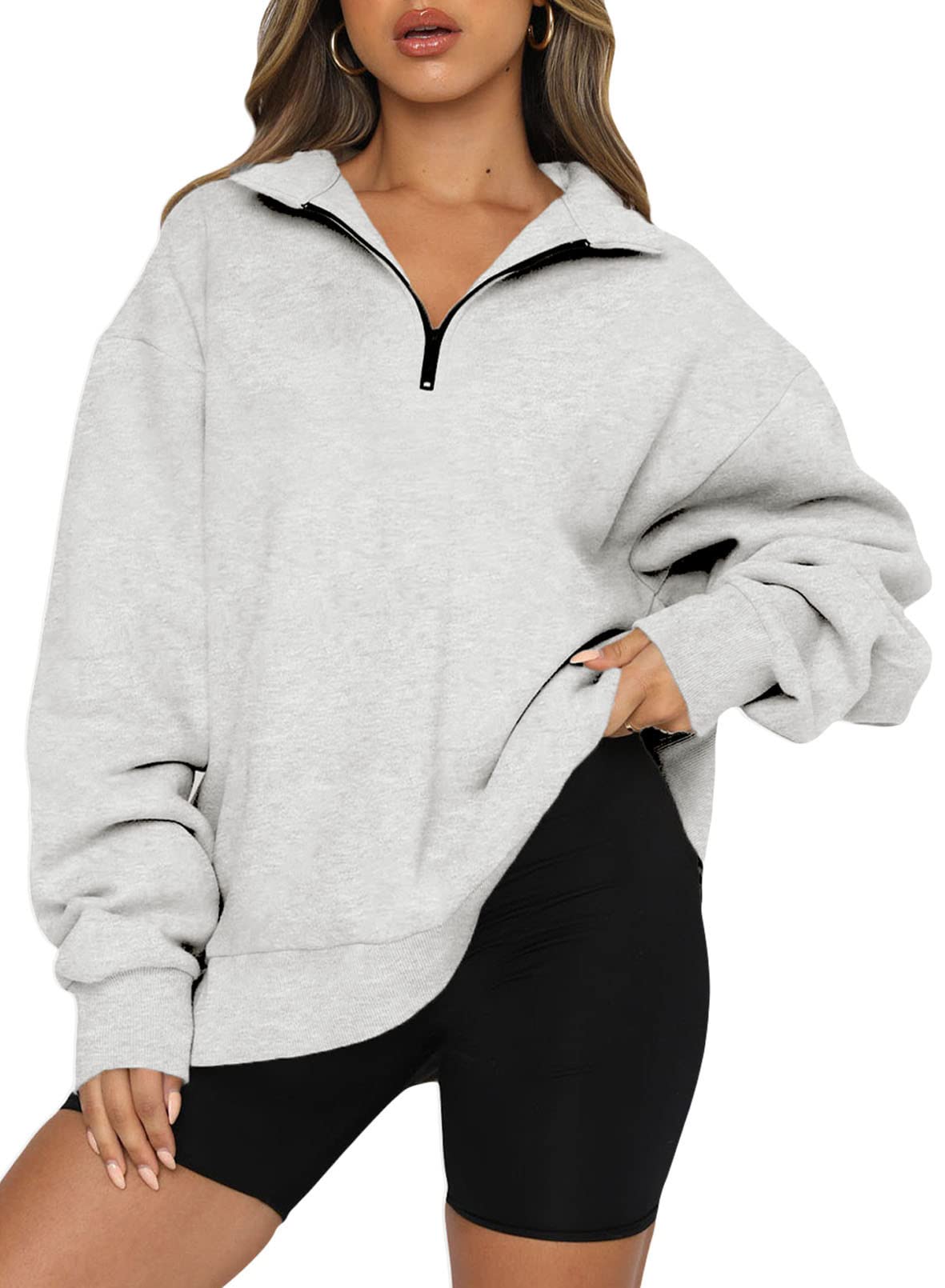 BLENCOT Women Half Zip Oversized Sweatshirts Long Sleeve Solid Color Drop Shoulder Fleece Workout Pullover Gray L