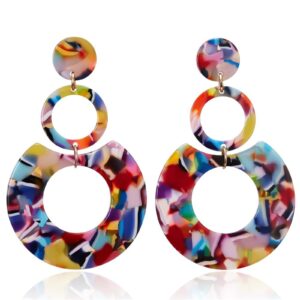 onlyjump acrylic earrings for women retro simple multicolor resin geometric square hollow earrings statement dangles drop nightclub earrings vintage 80s 90s party accessories (colorful round)