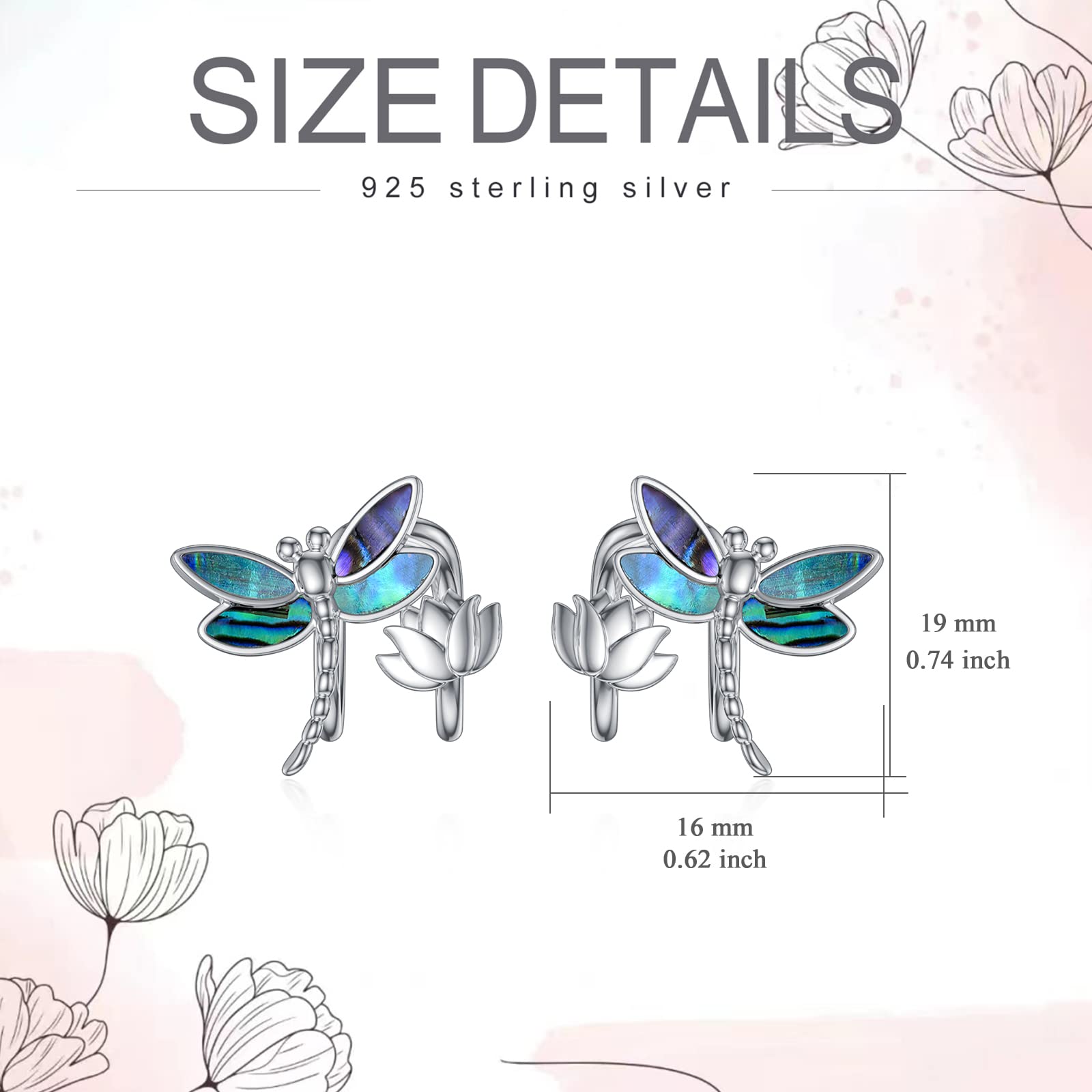 Dragonfly Ear Cuffs for Non PierceD Ears Sterling Silver Cuff Earrings with Abalone Shell, Dragonfly Gifts for Women