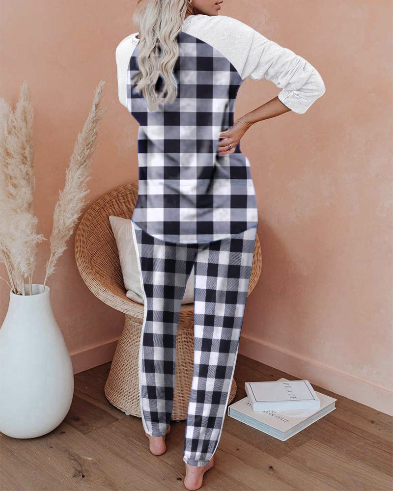 Ekouaer Women's Pajama Set Long Sleeve PJs 2 Piece Outfit Pullover Sleepwear Sweatshirt and Long Pants With Pockets Black White Plaid M