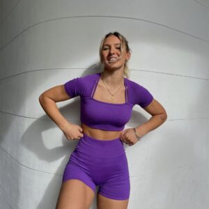 ABOCIW Workout Sets for Women 2 Piece Seamless Ribbed Shorts Set Yoga Gym Strap Detail Short Sleeve Square Collar Crop Top High Waist Shorts Exercise Tracksuit Sets Purple Small