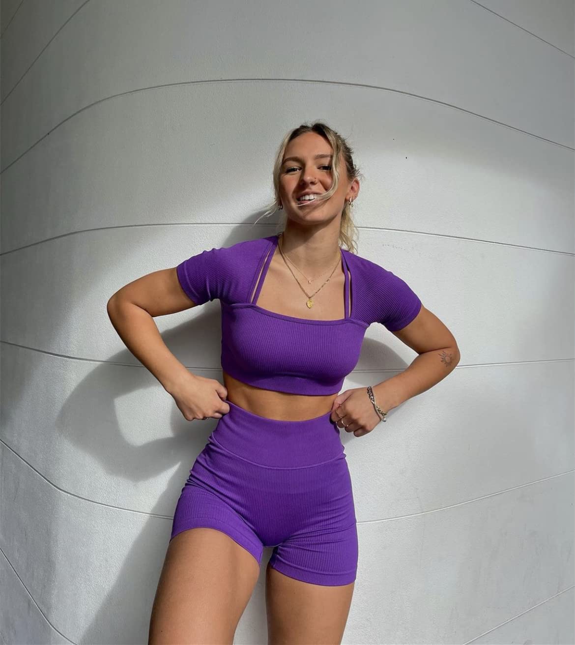 ABOCIW Workout Sets for Women 2 Piece Seamless Ribbed Shorts Set Yoga Gym Strap Detail Short Sleeve Square Collar Crop Top High Waist Shorts Exercise Tracksuit Sets Purple Small