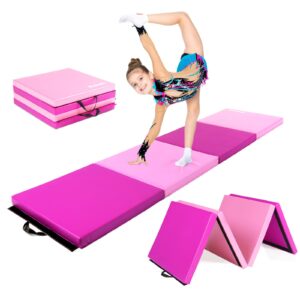 matladin 8' folding gymnastics gym exercise aerobics mat, 8ft x 2ft x 2in pu leather tumbling mats with hook & loop fastener for stretching yoga cheerleading martial arts (purple&pink)