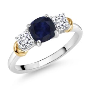 gem stone king 925 sterling silver and 10k yellow gold blue sapphire and white moissanite 3 stone engagement ring for women (1.94 cttw, cushion cut 6mm and 4mm, available in size 5, 6, 7, 8, 9)