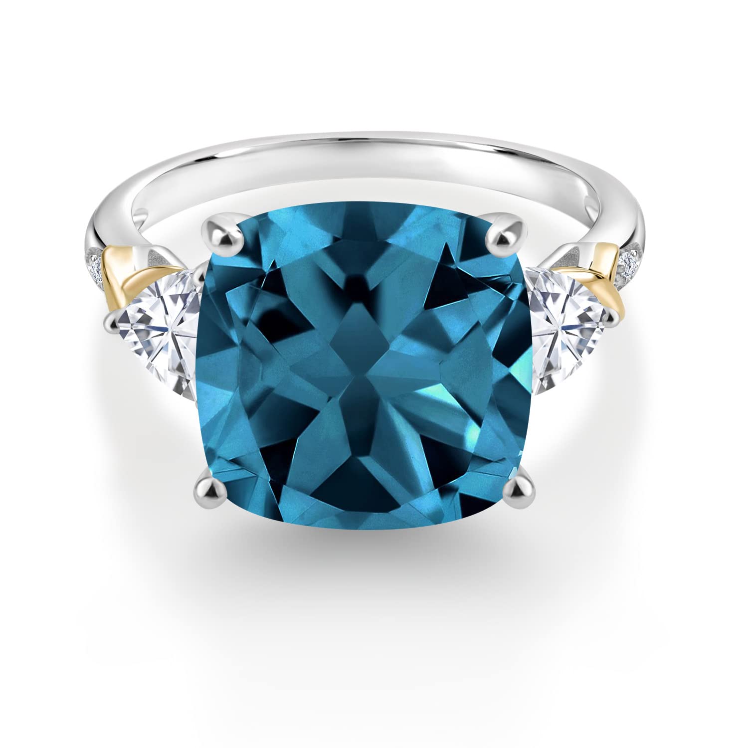 Gem Stone King 925 Silver and 10K Yellow London Blue Topaz White Moissanite and Diamond Ring For Women (9.75 Cttw, 12MM Cushion and 5MM Trillion, Gemstone Birthstone, Available In Size 5, 6, 7, 8, 9)