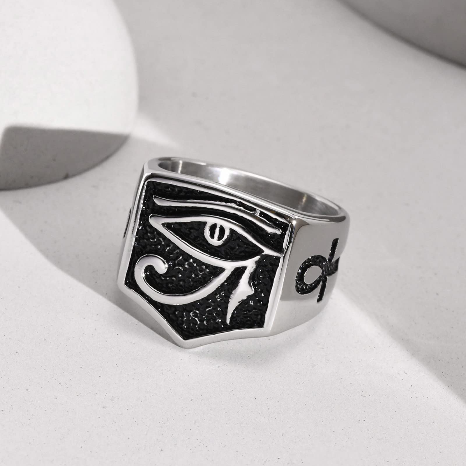 MPRAINBOW Egyptians Eyes of Horus Ring - Stainless Steel Ankh Cross Ring Size 8 to 12,Ancient Egyptians Symbol Wadjet Eye Ring Jewelry