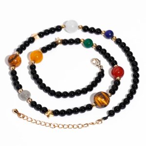 Jewever The Eight Planets Guardian Star Choker Necklace for Women Black Agate Beaded Crystal Necklace Universe Galaxy Healing Crystals and Gemstones (16"+2")