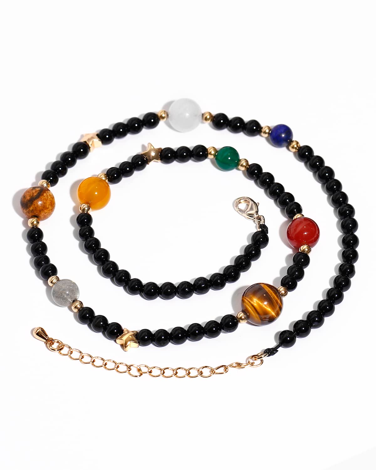 Jewever The Eight Planets Guardian Star Choker Necklace for Women Black Agate Beaded Crystal Necklace Universe Galaxy Healing Crystals and Gemstones (16"+2")