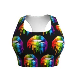 Besbapes LGBT Gay Homosexual Lesbian Rainbow Lips Pride Sports Bras for Women Padded Sports Bras for Women Workout Bras for Women Racerback Bras Yoga Bras