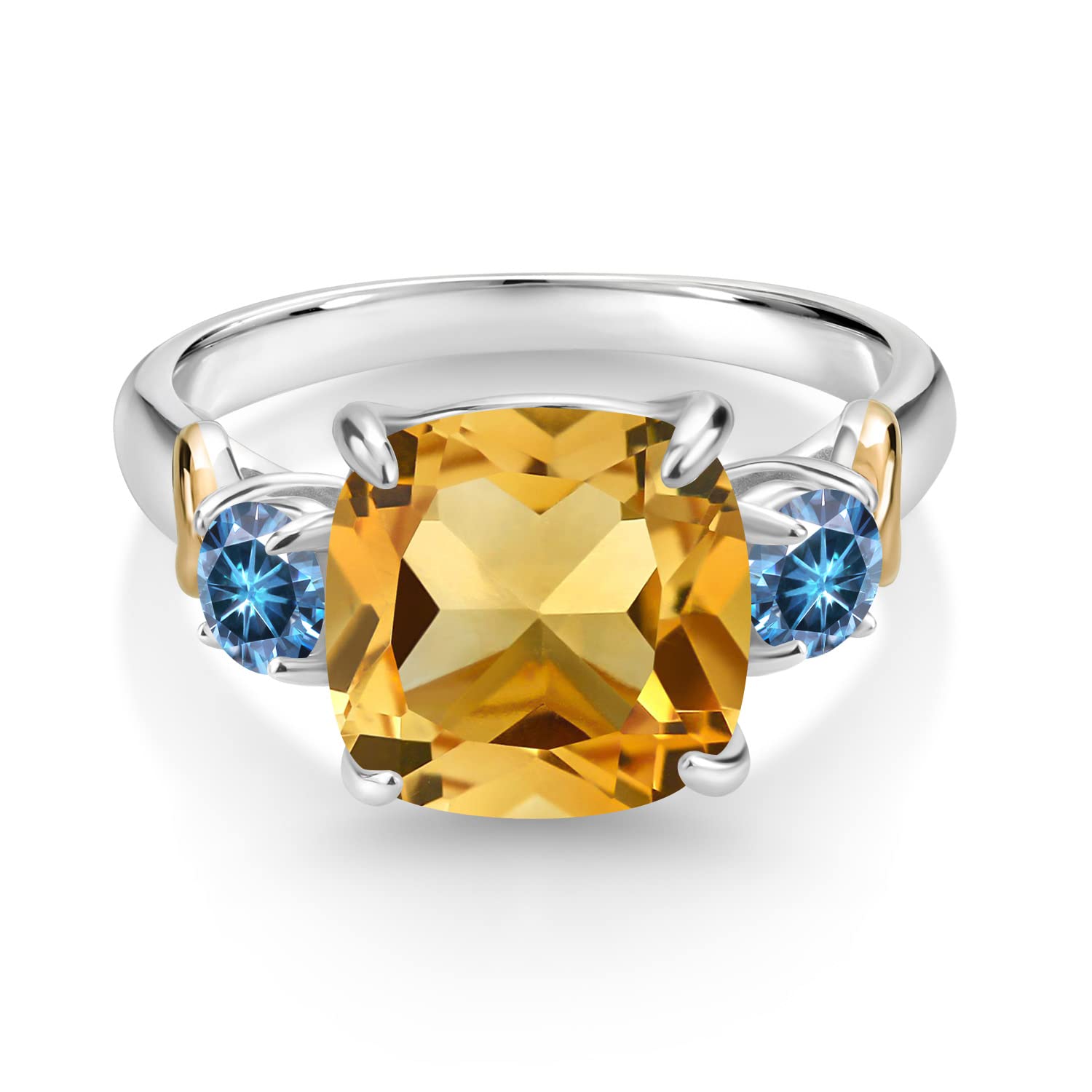 925 Silver and 10K Yellow Gold Yellow Citrine and Persian Blue Moissanite 3 Stone Ring For Women (4.06 Cttw, Gemstone November Birthstone, Cushion 10MM, Round 4MM, Available In Size 5, 6, 7, 8, 9)