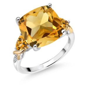 Gem Stone King 925 Silver and 10K Yellow Yellow Citrine and Diamond Ring For Women (7.33 Cttw, 12MM Cushion and 5mm Trillion, Gemstone Birthstone, Available In Size 5, 6, 7, 8, 9)