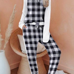 Ekouaer Women's Pajama Set Long Sleeve PJs 2 Piece Outfit Pullover Sleepwear Sweatshirt and Long Pants With Pockets Black White Plaid M