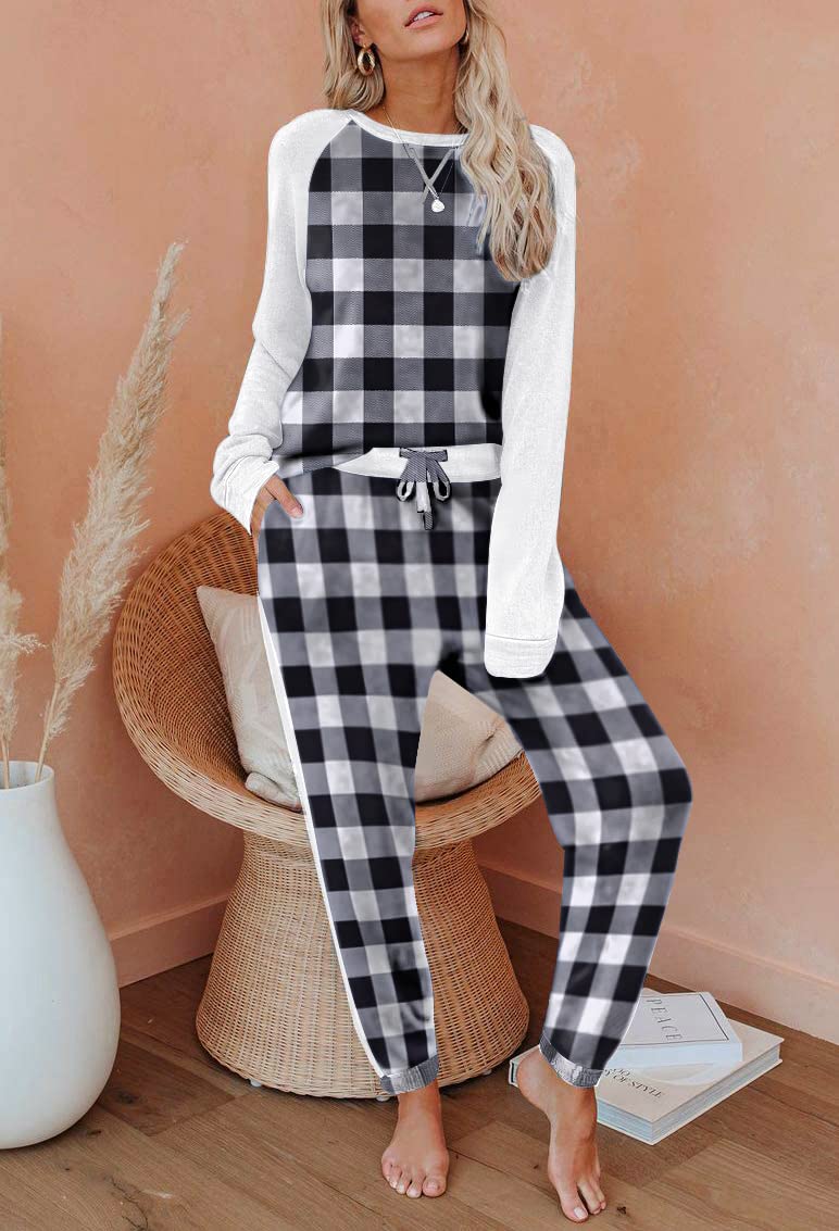 Ekouaer Women's Pajama Set Long Sleeve PJs 2 Piece Outfit Pullover Sleepwear Sweatshirt and Long Pants With Pockets Black White Plaid M