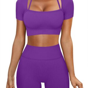 ABOCIW Workout Sets for Women 2 Piece Seamless Ribbed Shorts Set Yoga Gym Strap Detail Short Sleeve Square Collar Crop Top High Waist Shorts Exercise Tracksuit Sets Purple Small