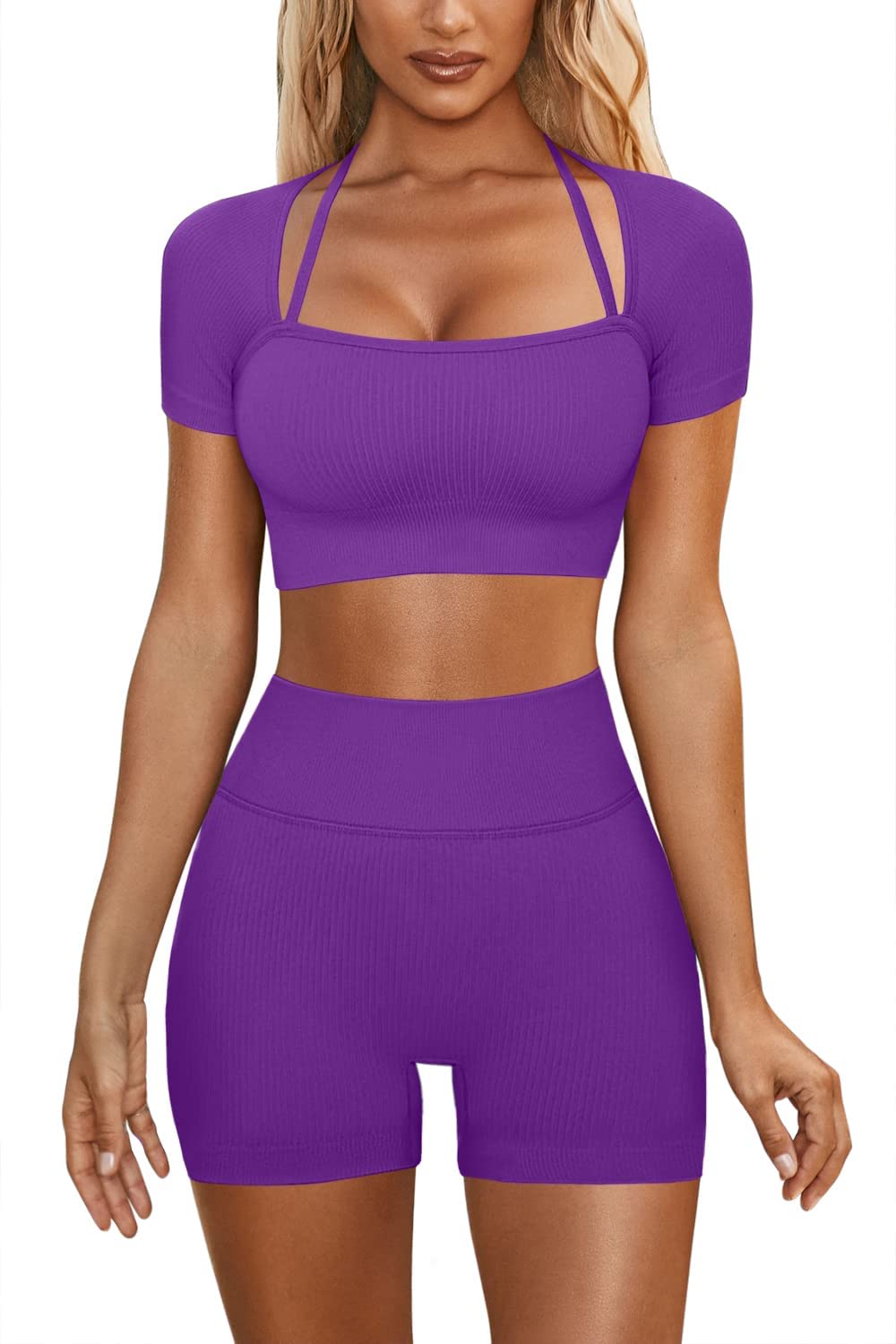 ABOCIW Workout Sets for Women 2 Piece Seamless Ribbed Shorts Set Yoga Gym Strap Detail Short Sleeve Square Collar Crop Top High Waist Shorts Exercise Tracksuit Sets Purple Small