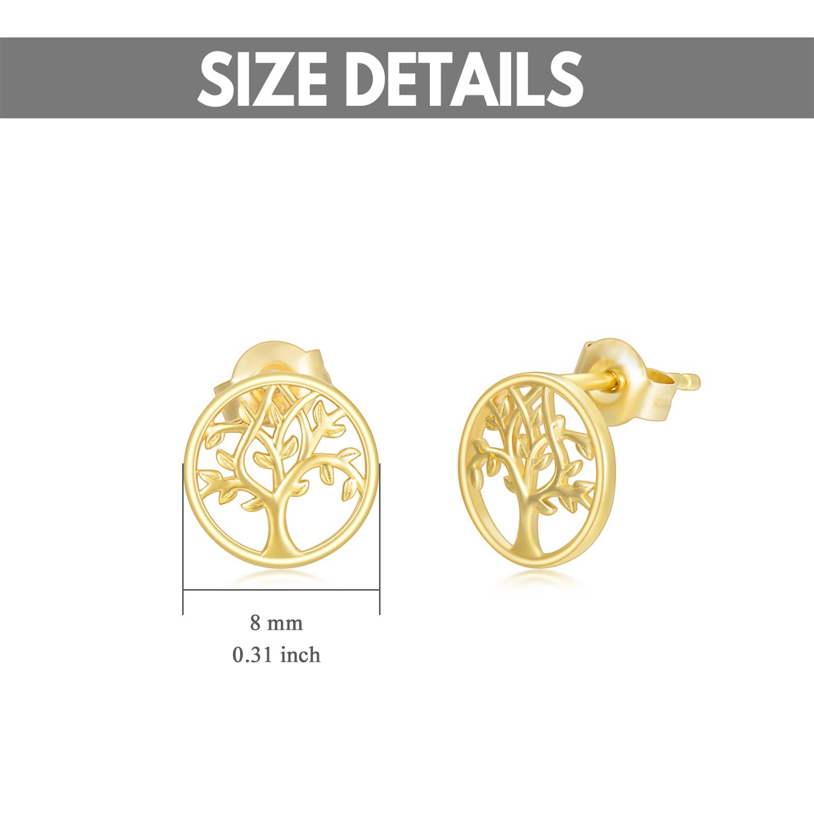 14K Gold Tree of Life Stud Earrings for Women, Real Yellow Gold Life Tree Earrings for Family, Solid Gold Jewelry for Ladies Mom