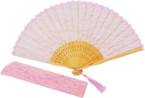 womens multi color handmade cotton lace folding hand fan (black-a) (pink)