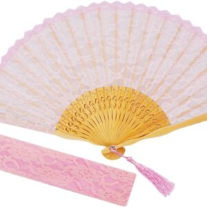 Womens Multi Color Handmade Cotton Lace Folding Hand Fan (Black-A) (Pink)