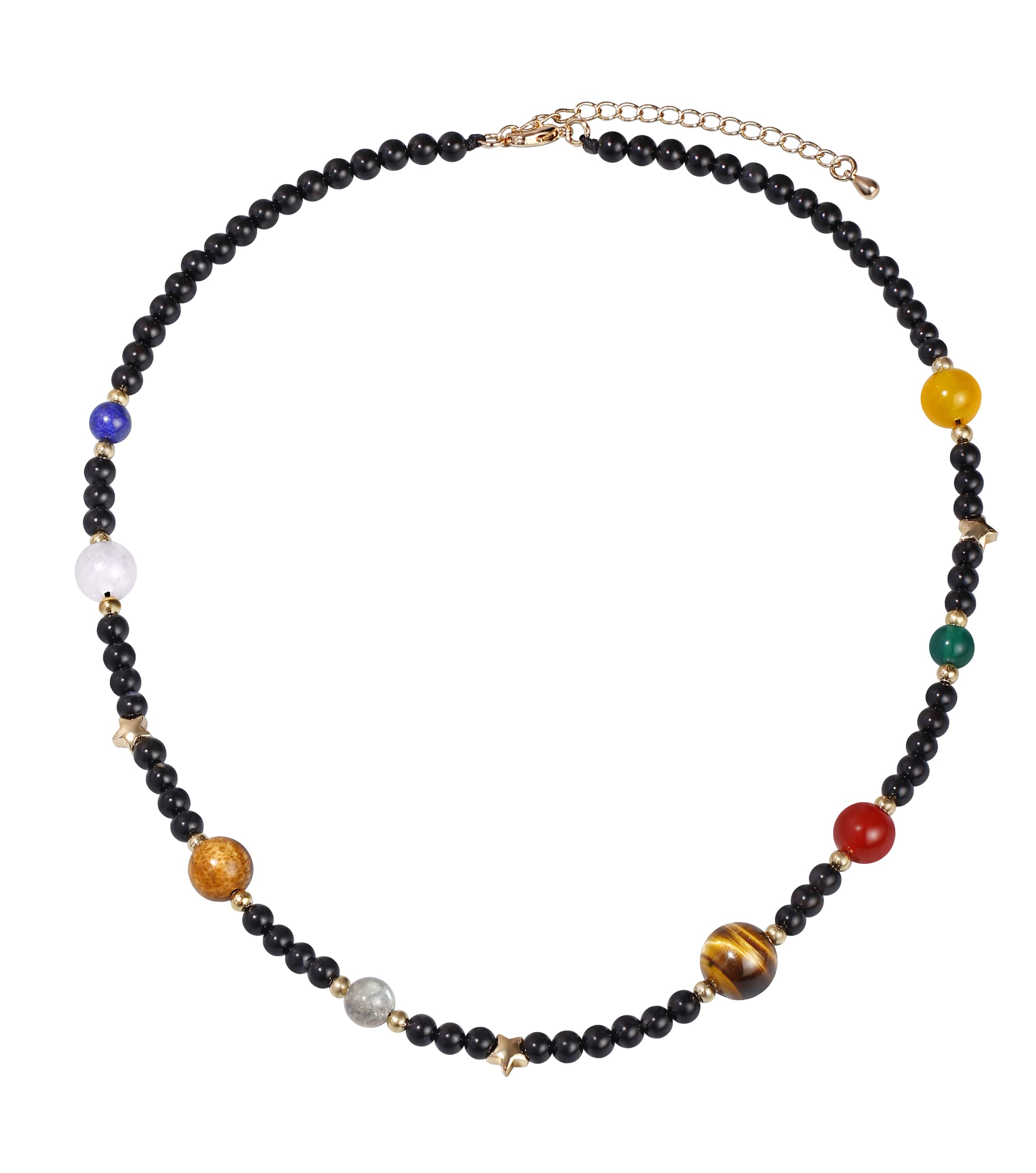 Jewever The Eight Planets Guardian Star Choker Necklace for Women Black Agate Beaded Crystal Necklace Universe Galaxy Healing Crystals and Gemstones (16"+2")