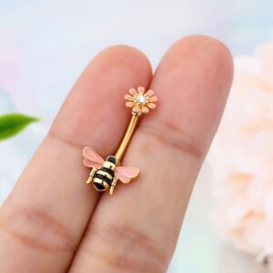 CM Crareesi Mania Gold Belly Button Rings 316L Stainless Steel Bee Belly Rings for Women 14G Flower Belly Button Piercing Jewelry 10mm Cute Navel Piercing Jewelry