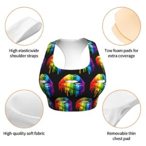 Besbapes LGBT Gay Homosexual Lesbian Rainbow Lips Pride Sports Bras for Women Padded Sports Bras for Women Workout Bras for Women Racerback Bras Yoga Bras