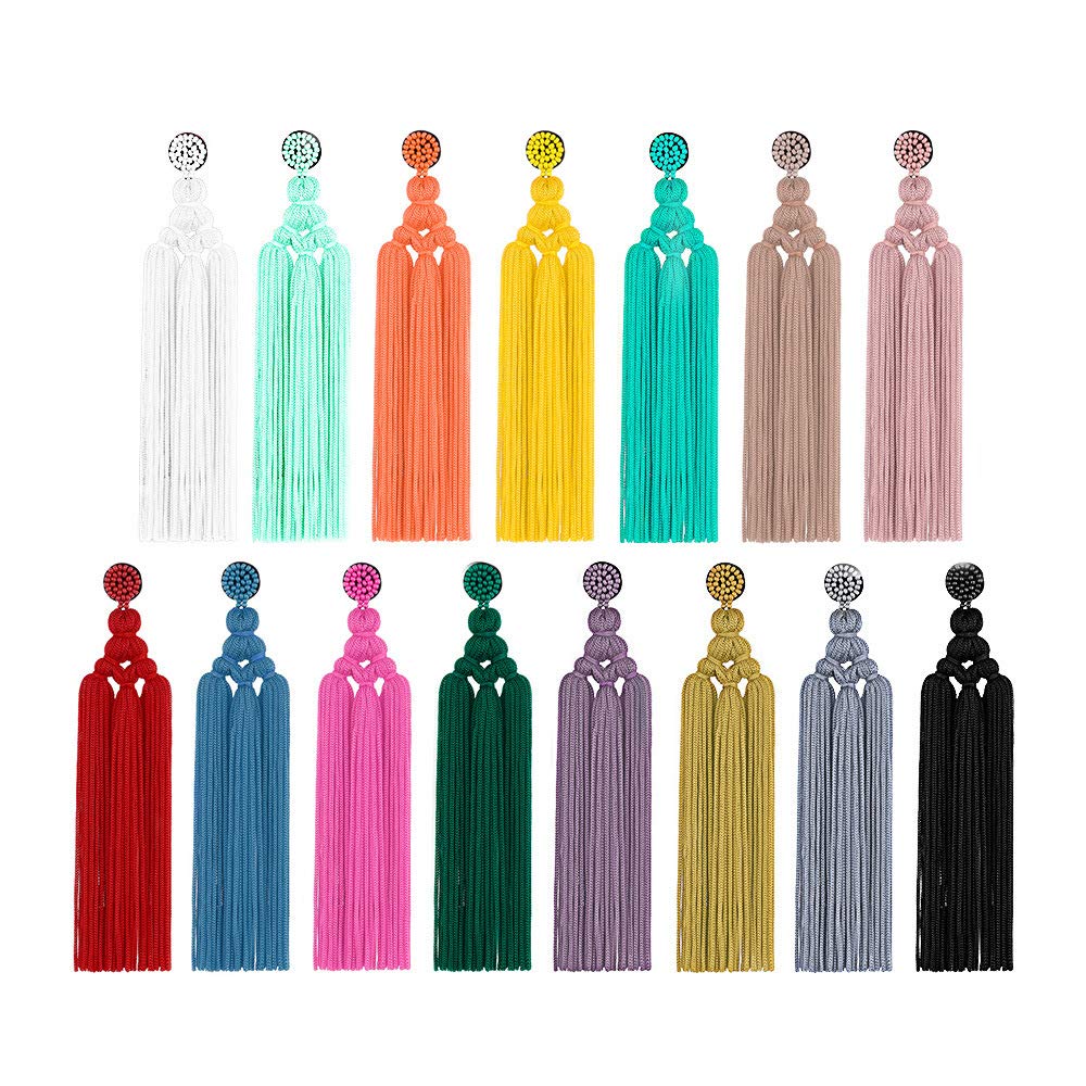 Long Woven Tassel Fringe Drop Dangle Earrings Large Beaded Chandelier Handmade Knot for Women Statement Bohemian Thread Layered-Black