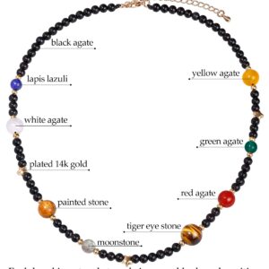 Jewever The Eight Planets Guardian Star Choker Necklace for Women Black Agate Beaded Crystal Necklace Universe Galaxy Healing Crystals and Gemstones (16"+2")