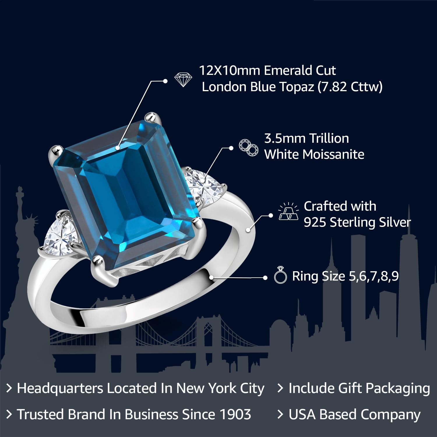 Gem Stone King 925 Sterling Silver London Blue Topaz and White Moissanite 3 Stone Ring For Women (7.82 Cttw, Gemstone Birthstone, Emerald Cut 12X10MM, Available In Size 5, 6, 7, 8, 9)