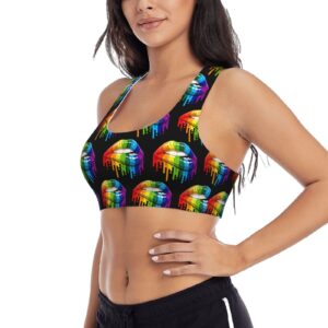 Besbapes LGBT Gay Homosexual Lesbian Rainbow Lips Pride Sports Bras for Women Padded Sports Bras for Women Workout Bras for Women Racerback Bras Yoga Bras