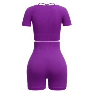 ABOCIW Workout Sets for Women 2 Piece Seamless Ribbed Shorts Set Yoga Gym Strap Detail Short Sleeve Square Collar Crop Top High Waist Shorts Exercise Tracksuit Sets Purple Small