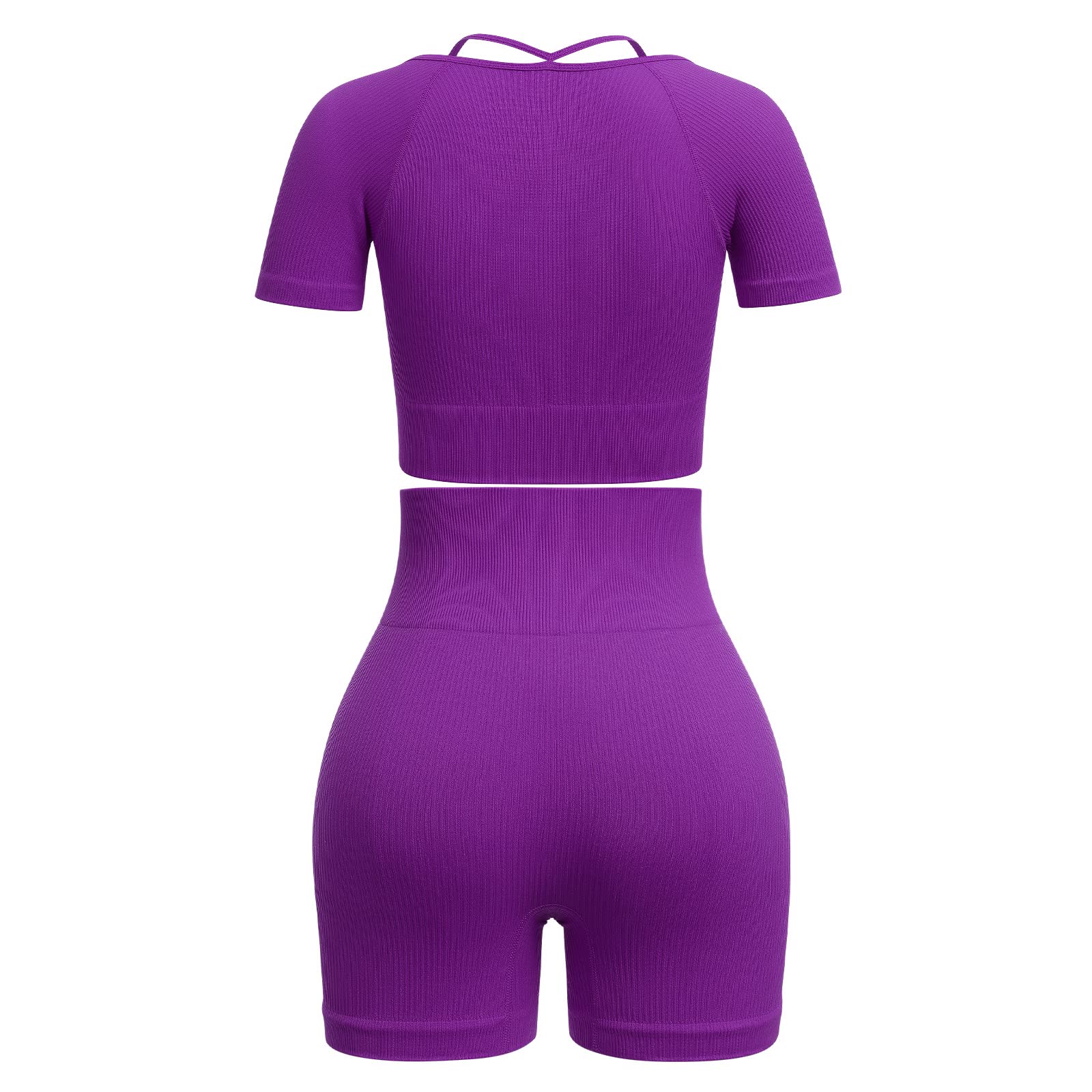 ABOCIW Workout Sets for Women 2 Piece Seamless Ribbed Shorts Set Yoga Gym Strap Detail Short Sleeve Square Collar Crop Top High Waist Shorts Exercise Tracksuit Sets Purple Small