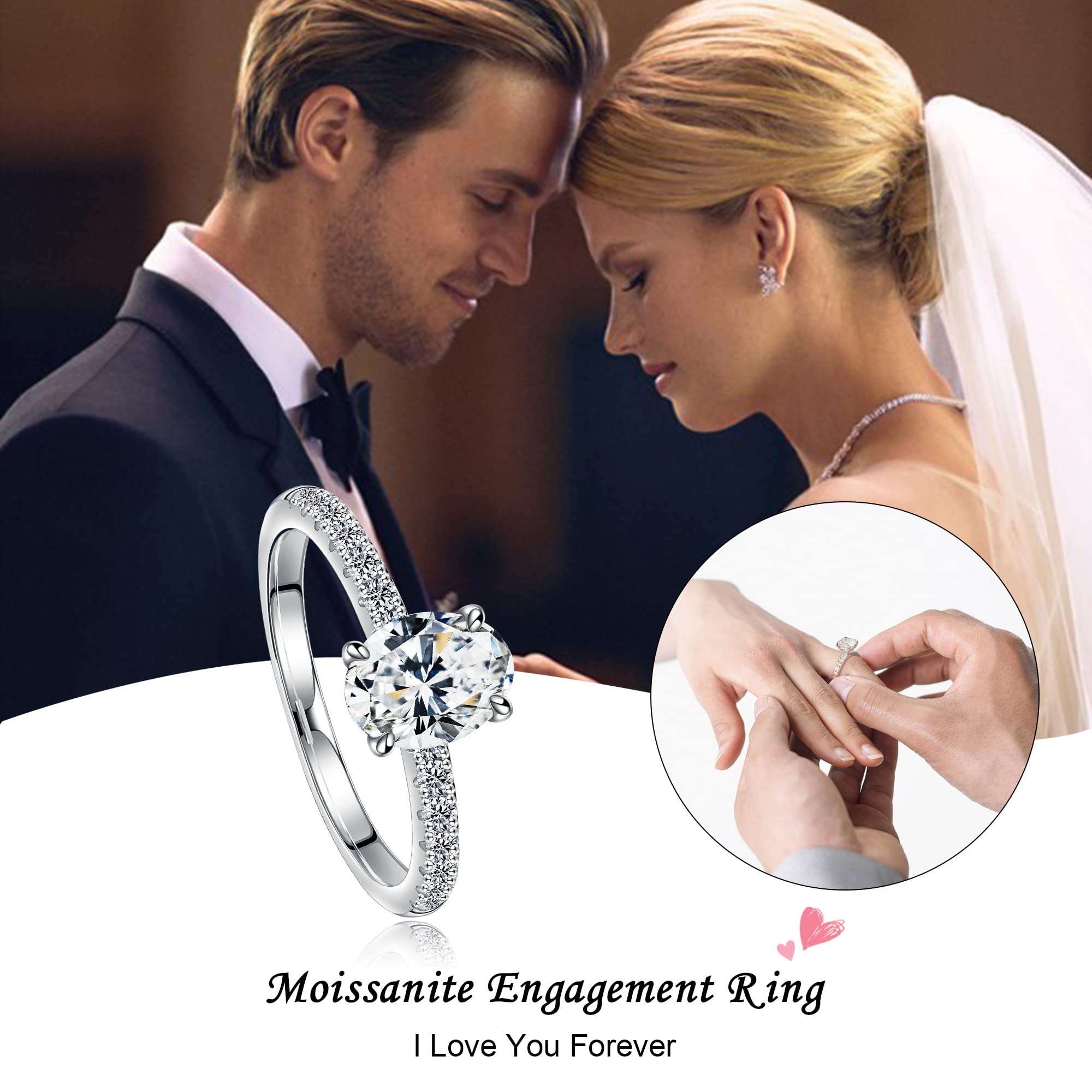 SMILEST 1.5CT Moissanite Side Stone Engagement Rings, D Color VVS1 Clarity Oval Moissanite Ring 18K White Gold Plated 925 Sterling Silver Moissanite Engagement Rings for Women Valentine's Day Gifts