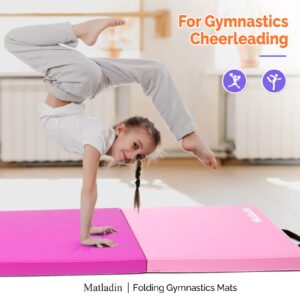 Matladin 8' Folding Gymnastics Gym Exercise Aerobics Mat, 8ft x 2ft x 2in PU Leather Tumbling Mats with Hook & Loop Fastener for Stretching Yoga Cheerleading Martial Arts (Purple&Pink)