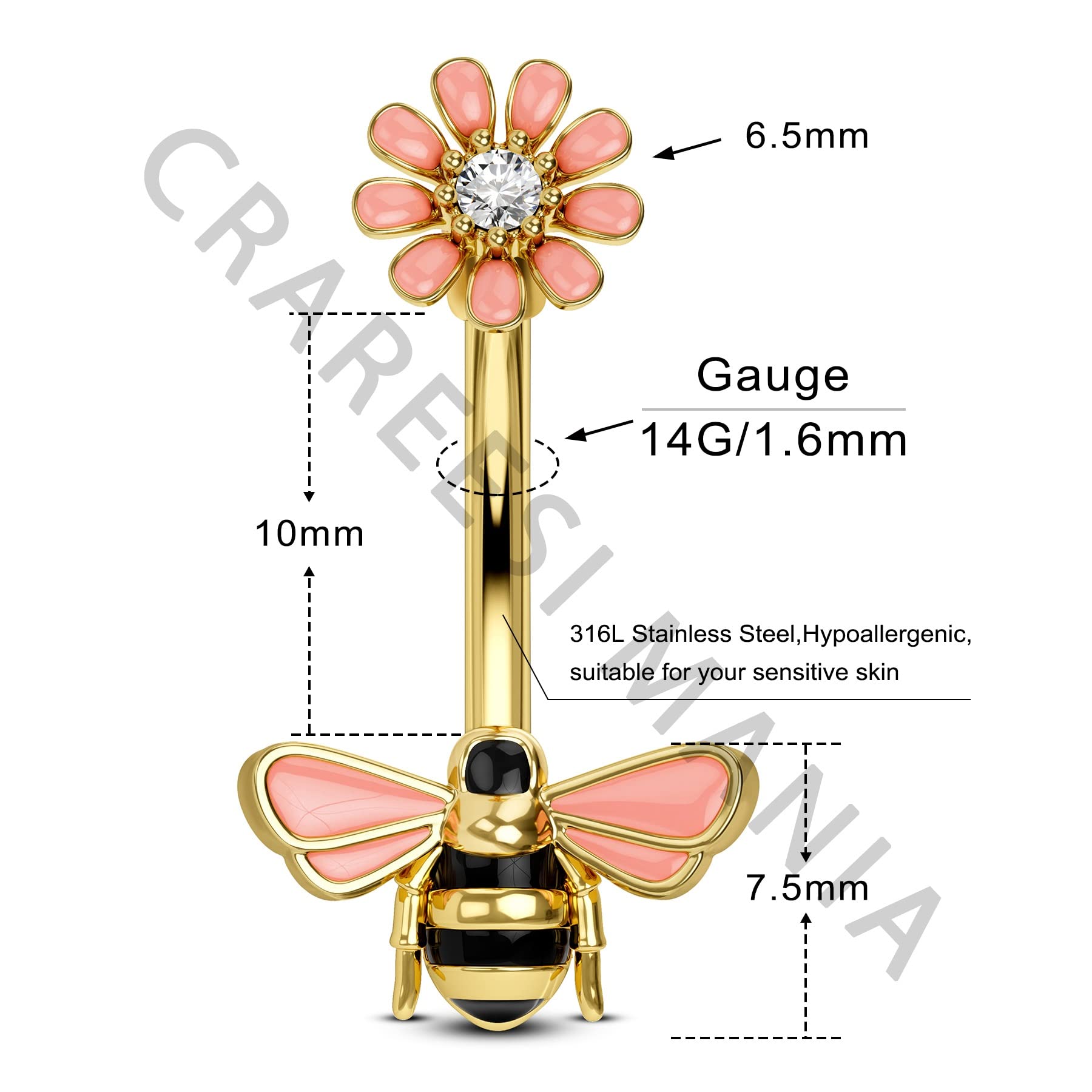 CM Crareesi Mania Gold Belly Button Rings 316L Stainless Steel Bee Belly Rings for Women 14G Flower Belly Button Piercing Jewelry 10mm Cute Navel Piercing Jewelry