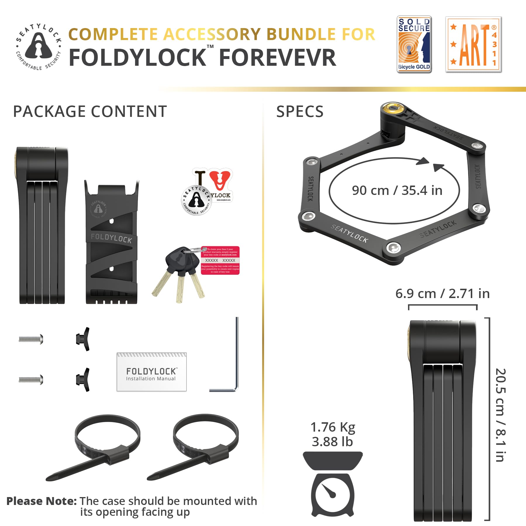 FoldyLock Forever Folding Bike Lock - Patented Sleek High Security Sold Secure Gold Bicycle Lock - Heavy Duty Anti Theft Smart Guard with Keys - 90cm