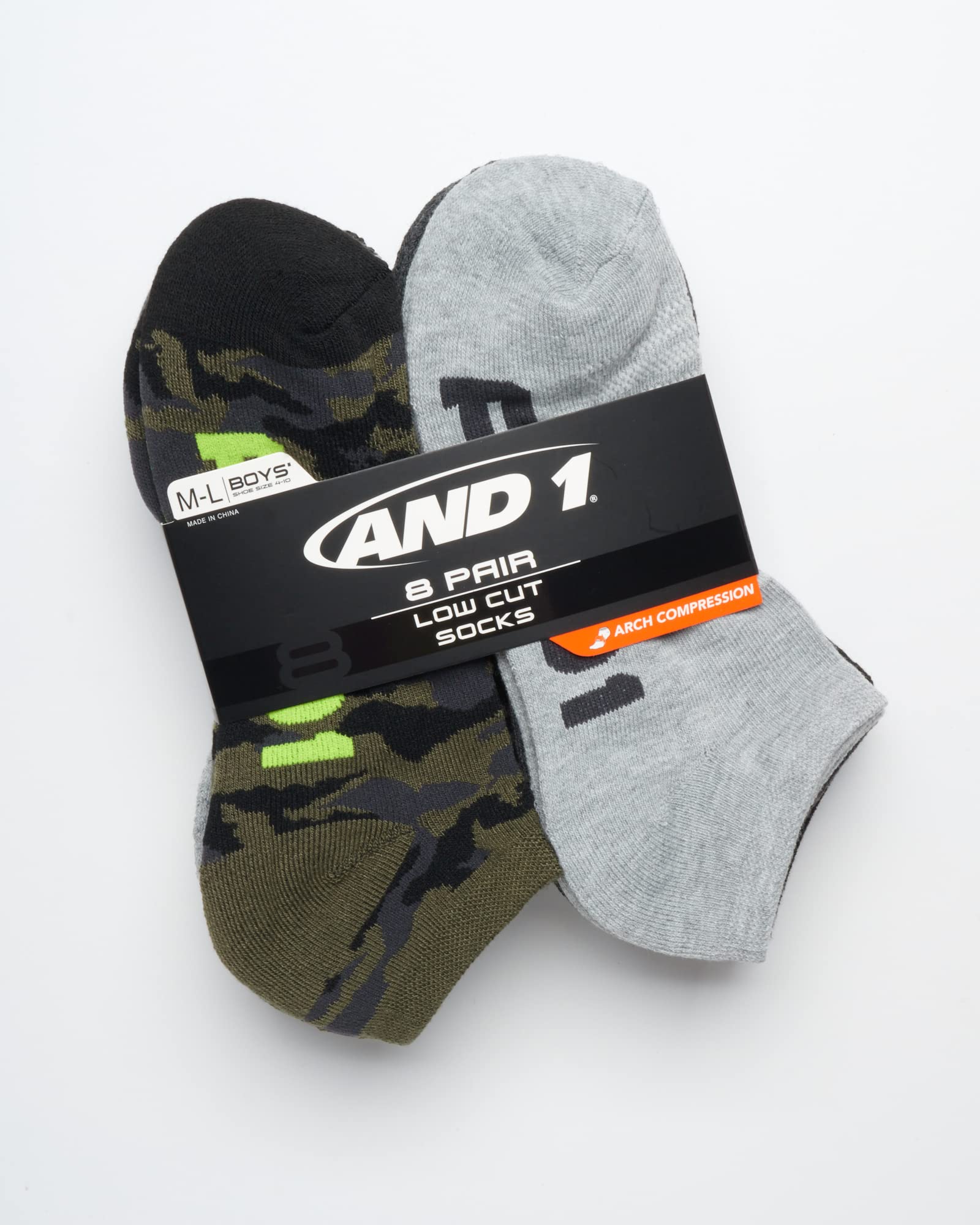 AND1 Boys' Socks - Athletic Cushion Low Cut Socks (8 Pack), Size Small-Medium, Green Camo