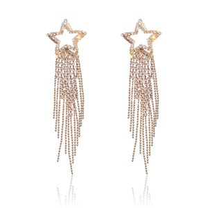 GUOXIAOMEI Bling Women Tassel Earrings Star Ear Stud Pave Crystal Dangle Earrings Boho Waterfall Beaded Fringe Drop Earring (Gold)