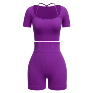 ABOCIW Workout Sets for Women 2 Piece Seamless Ribbed Shorts Set Yoga Gym Strap Detail Short Sleeve Square Collar Crop Top High Waist Shorts Exercise Tracksuit Sets Purple Small