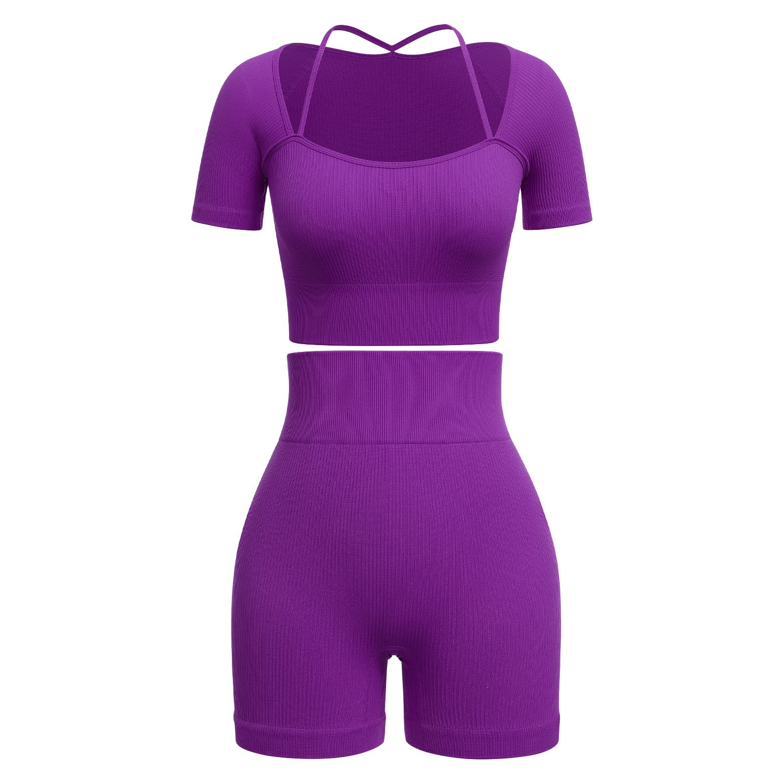 ABOCIW Workout Sets for Women 2 Piece Seamless Ribbed Shorts Set Yoga Gym Strap Detail Short Sleeve Square Collar Crop Top High Waist Shorts Exercise Tracksuit Sets Purple Small