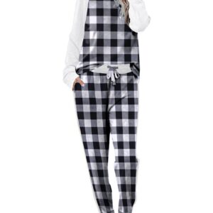 Ekouaer Women's Pajama Set Long Sleeve PJs 2 Piece Outfit Pullover Sleepwear Sweatshirt and Long Pants With Pockets Black White Plaid M