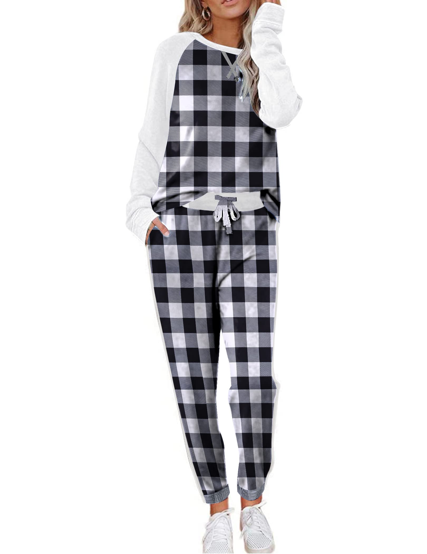 Ekouaer Women's Pajama Set Long Sleeve PJs 2 Piece Outfit Pullover Sleepwear Sweatshirt and Long Pants With Pockets Black White Plaid M