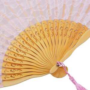 Womens Multi Color Handmade Cotton Lace Folding Hand Fan (Black-A) (Pink)