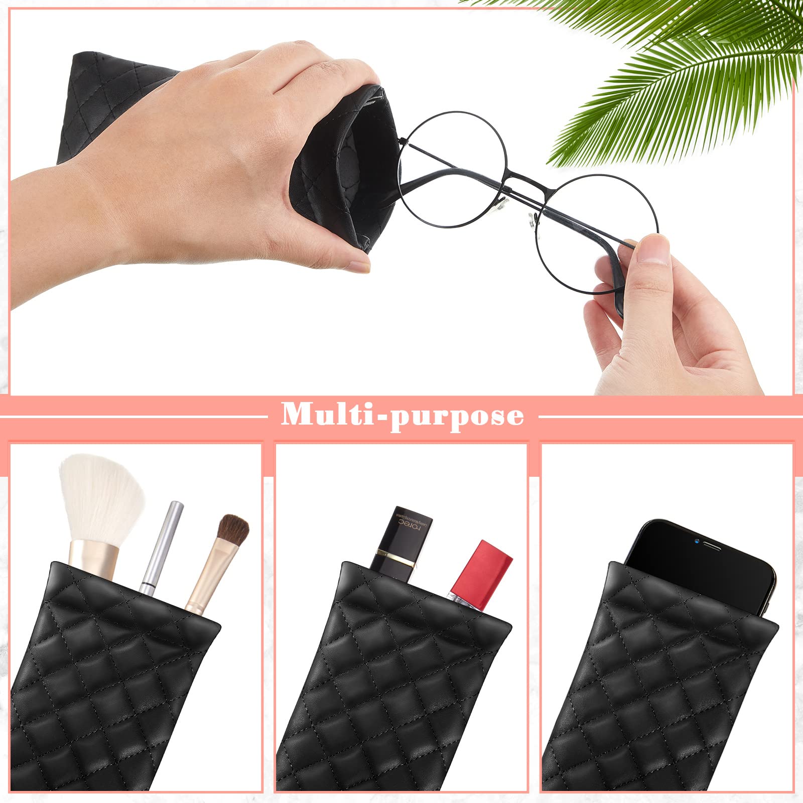 3 Pcs Soft Eyeglasses Case Bulk Sunglasses Pouch Women Sunglass Organizer Squeeze PU Leather Portable Glasses Case Sunglass Sleeve (Black, White, Pink)