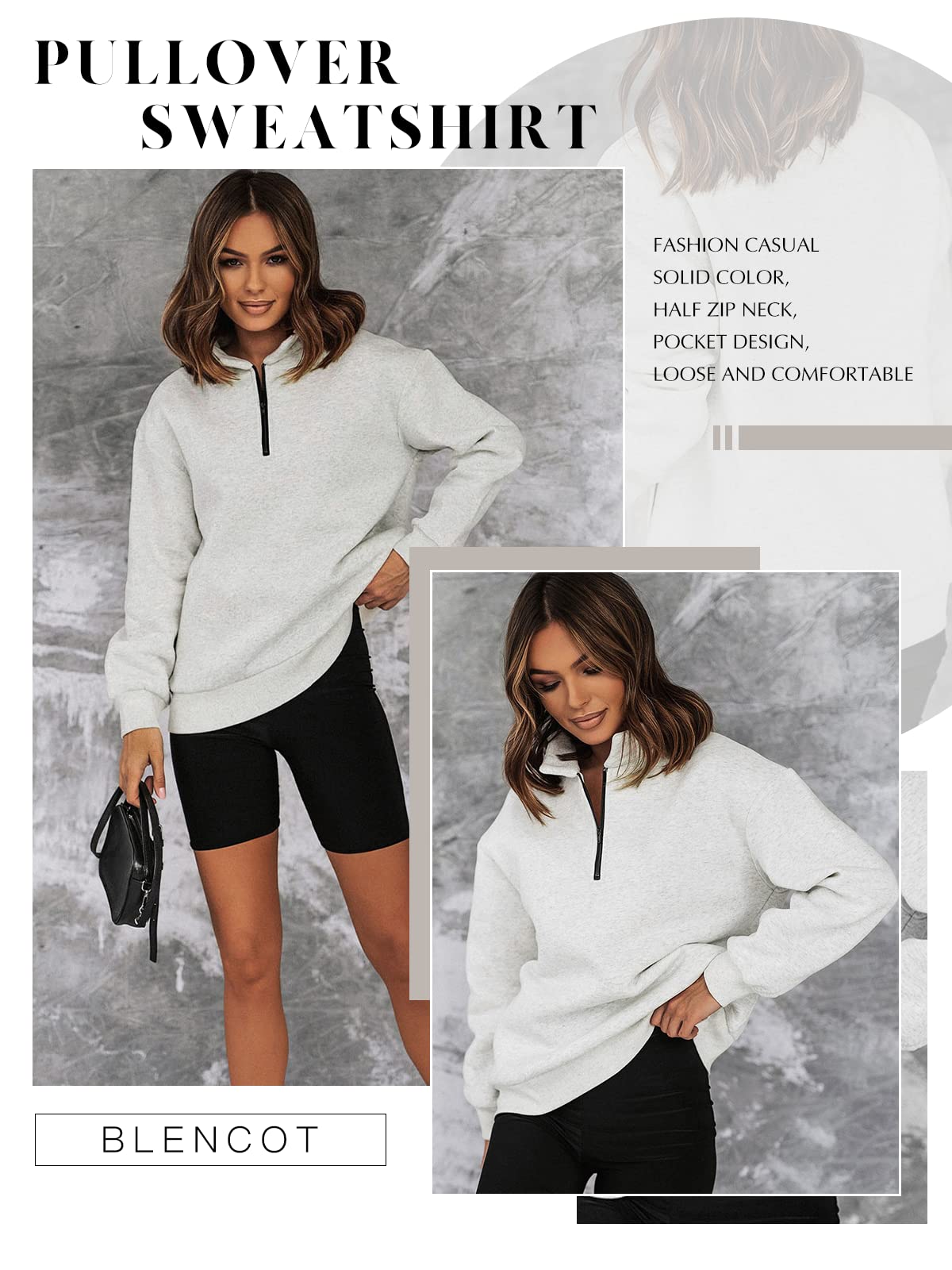 BLENCOT Women Half Zip Oversized Sweatshirts Long Sleeve Solid Color Drop Shoulder Fleece Workout Pullover Gray L