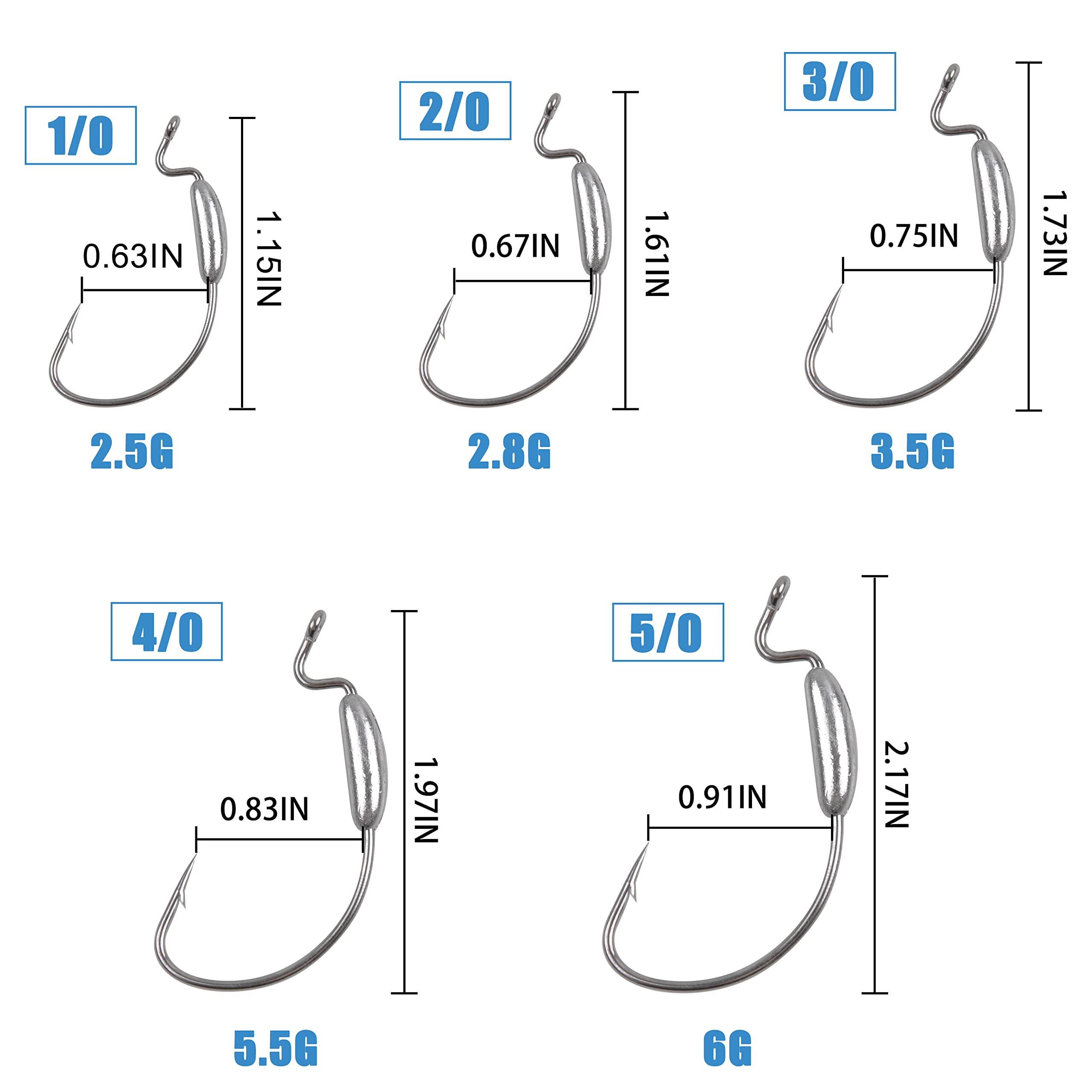 Weighted Worm Fishing Hooks,20pcs Offset Wide Gap Worm Hooks Weighted Bass Swimbait Hooks for Soft Plastics Weedless Jig Head Hooks Freshwater Saltwater