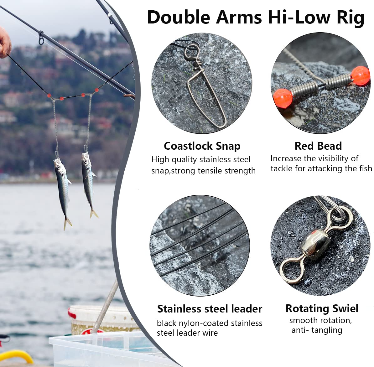 YOTO Fishing Tackle Leaders,Hi-Low Rig,Double Arms Saltwater Stainless Steel Leader with Swivels,High-Strength Fish Wire Gear Equipment, Fishing Gift