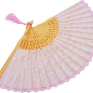 Womens Multi Color Handmade Cotton Lace Folding Hand Fan (Black-A) (Pink)